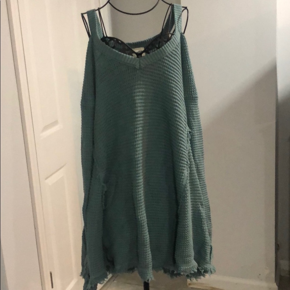 Mint green cold shoulder sweater